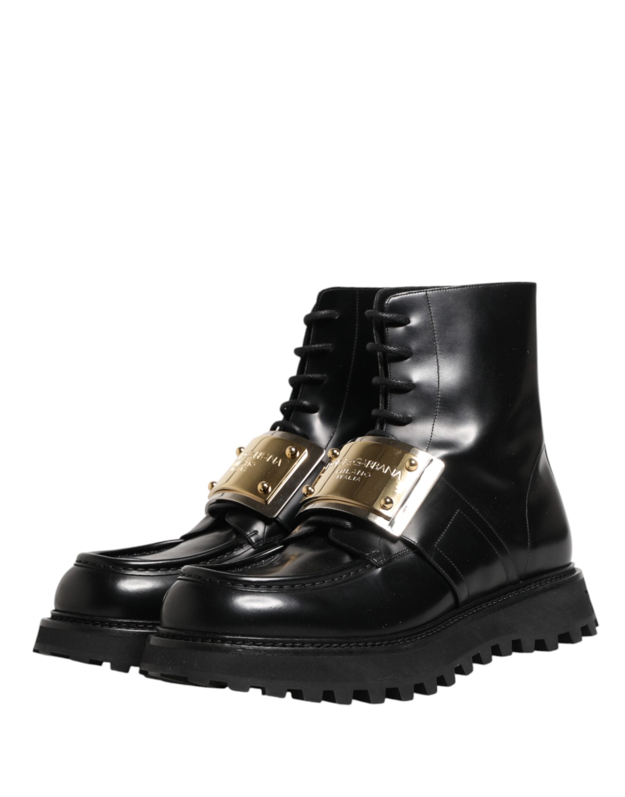 Black Leather DG Plaque Lace Up Boots Shoes