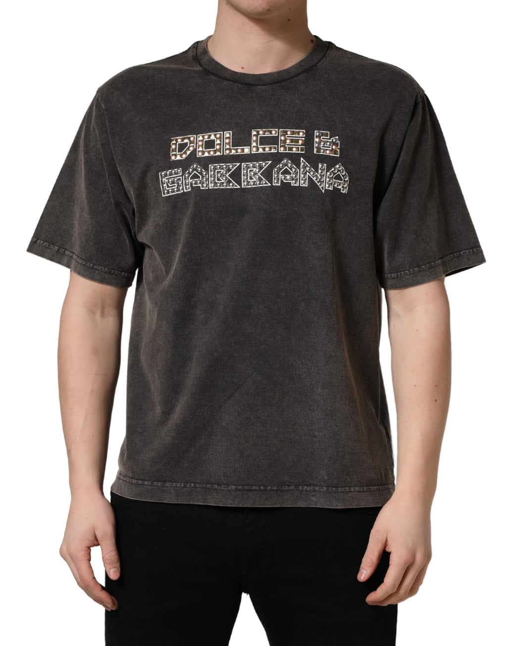 Gray Logo Embellished Men Crew Neck T-shirt
