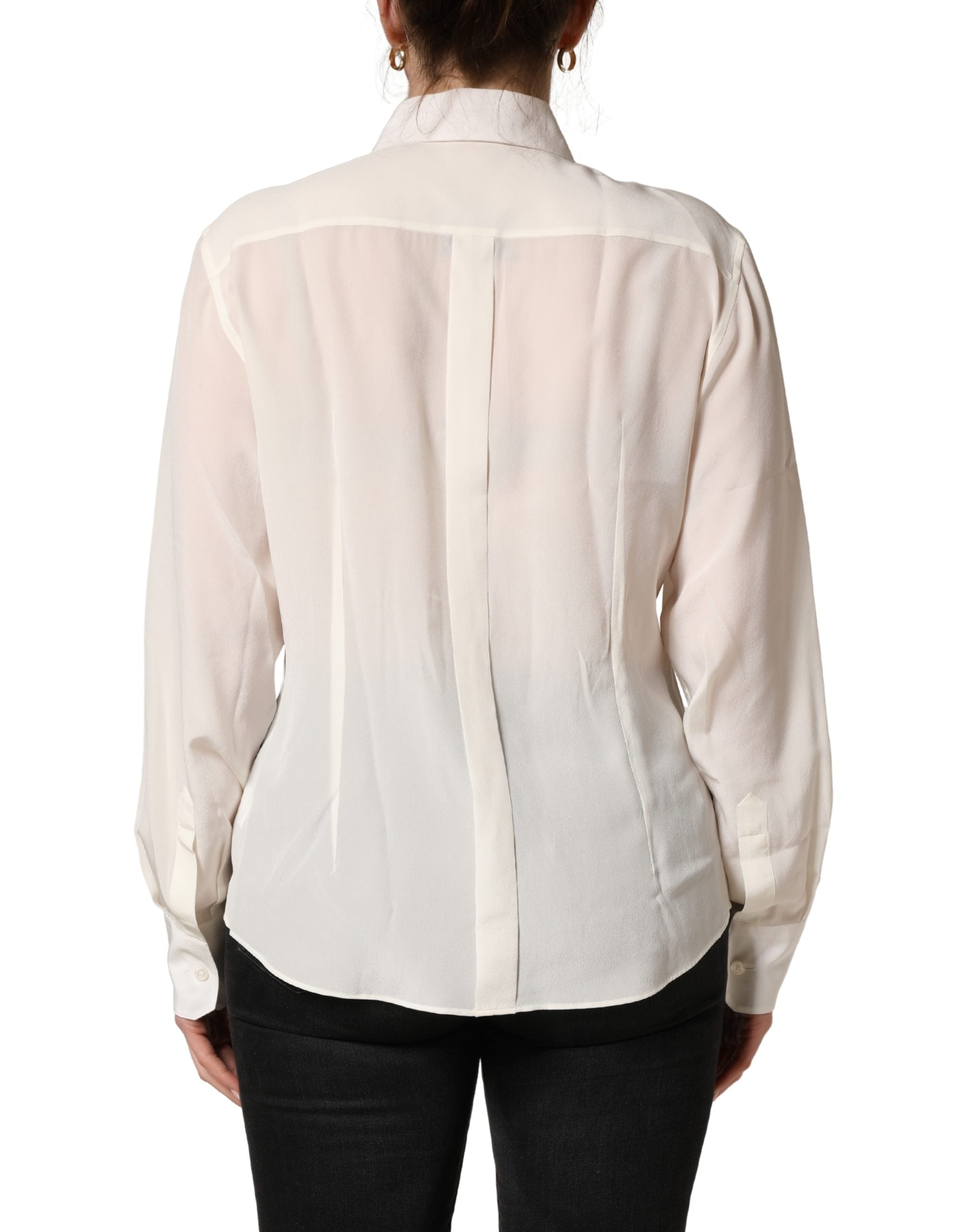 Off White Collared Long Sleeves Blouse Top