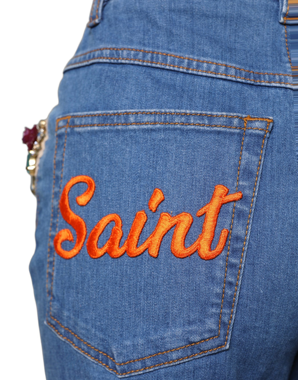 Blue Embellished Wide Cropped Denim Jeans
