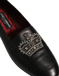 Black Leather Crown Embellished Loafers Shoes