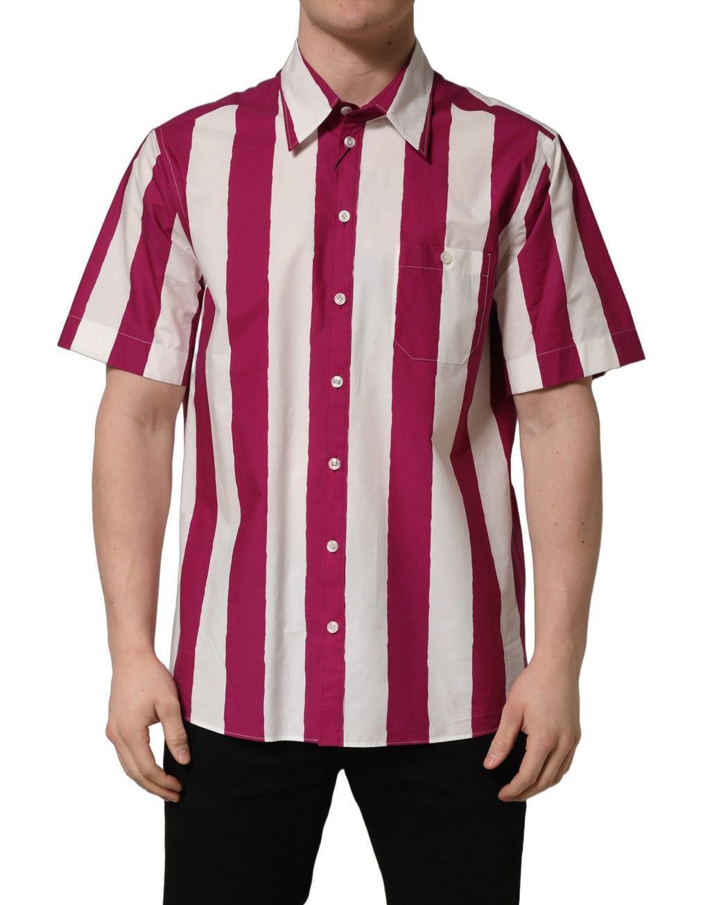 White Maroon Striped Men Short Sleeves Shirt