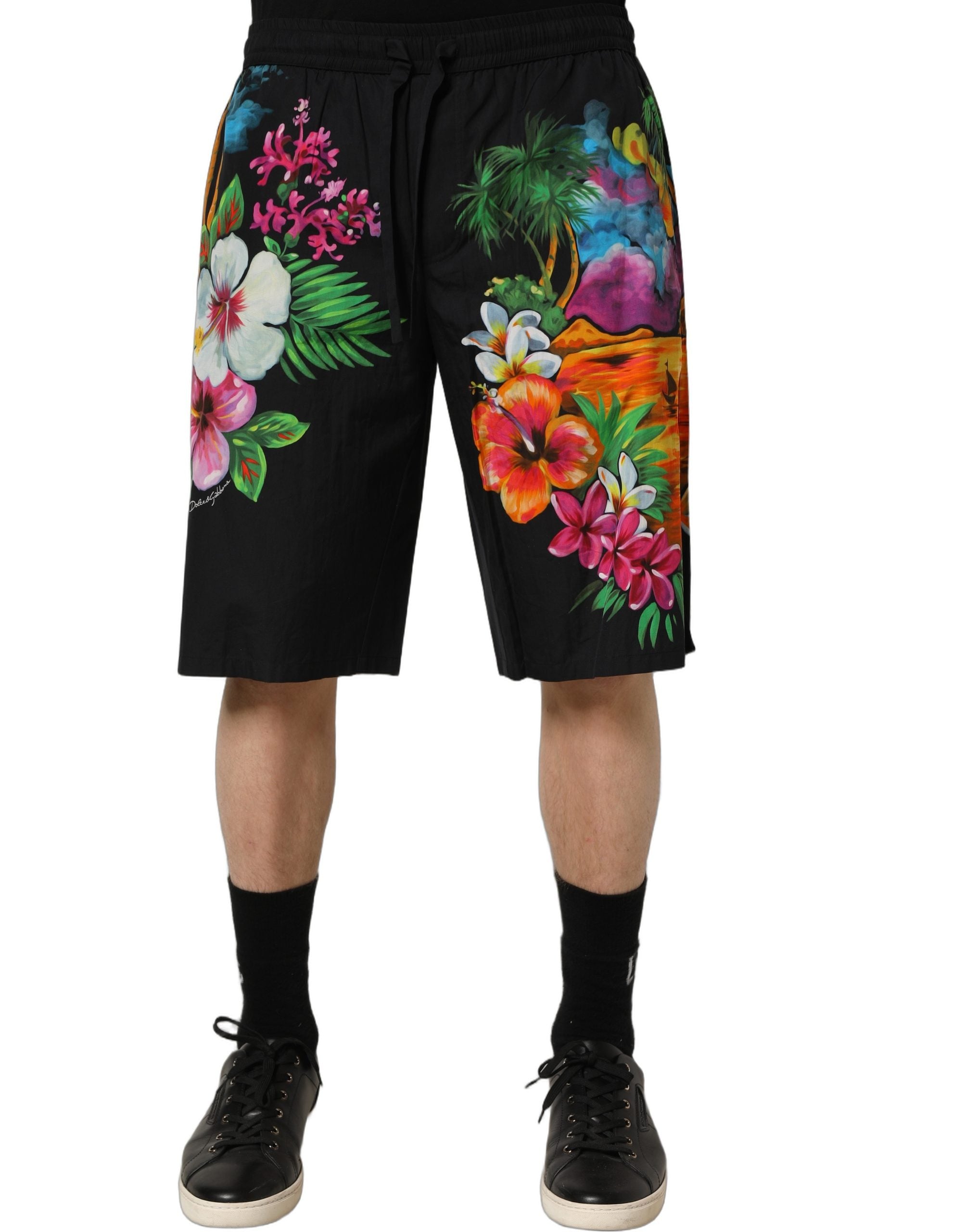 Dolce & Gabbana Black Cotton Tropical Floral Bermuda Shorts