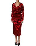 Dolce & Gabbana Red Silk Satin Draped Midi Floral Applique Dress