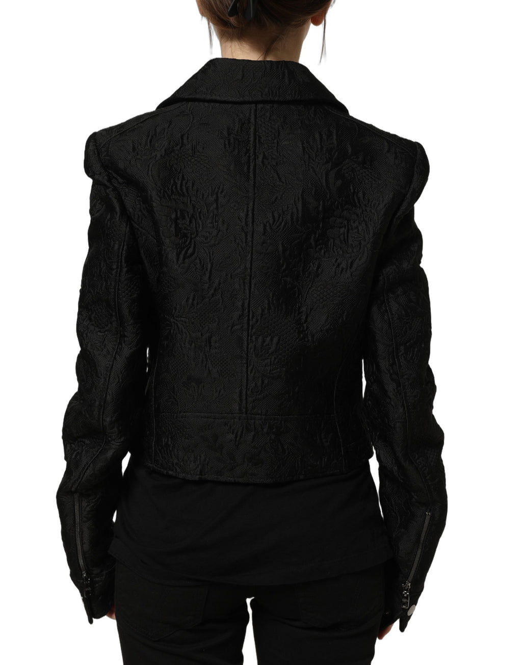 Black Floral Brocade Biker Blouson Jacket