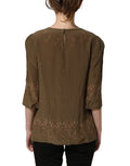 Brown Keys Roses Printed Silk Blouse Top