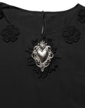 Black Floral Silk Heart Appliqué Blouse Top
