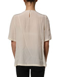 Beige Lace Trim Bow Short Sleeves Blouse Top
