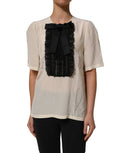 Dolce & Gabbana White Lace Trim Bow Short Sleeves Blouse Top