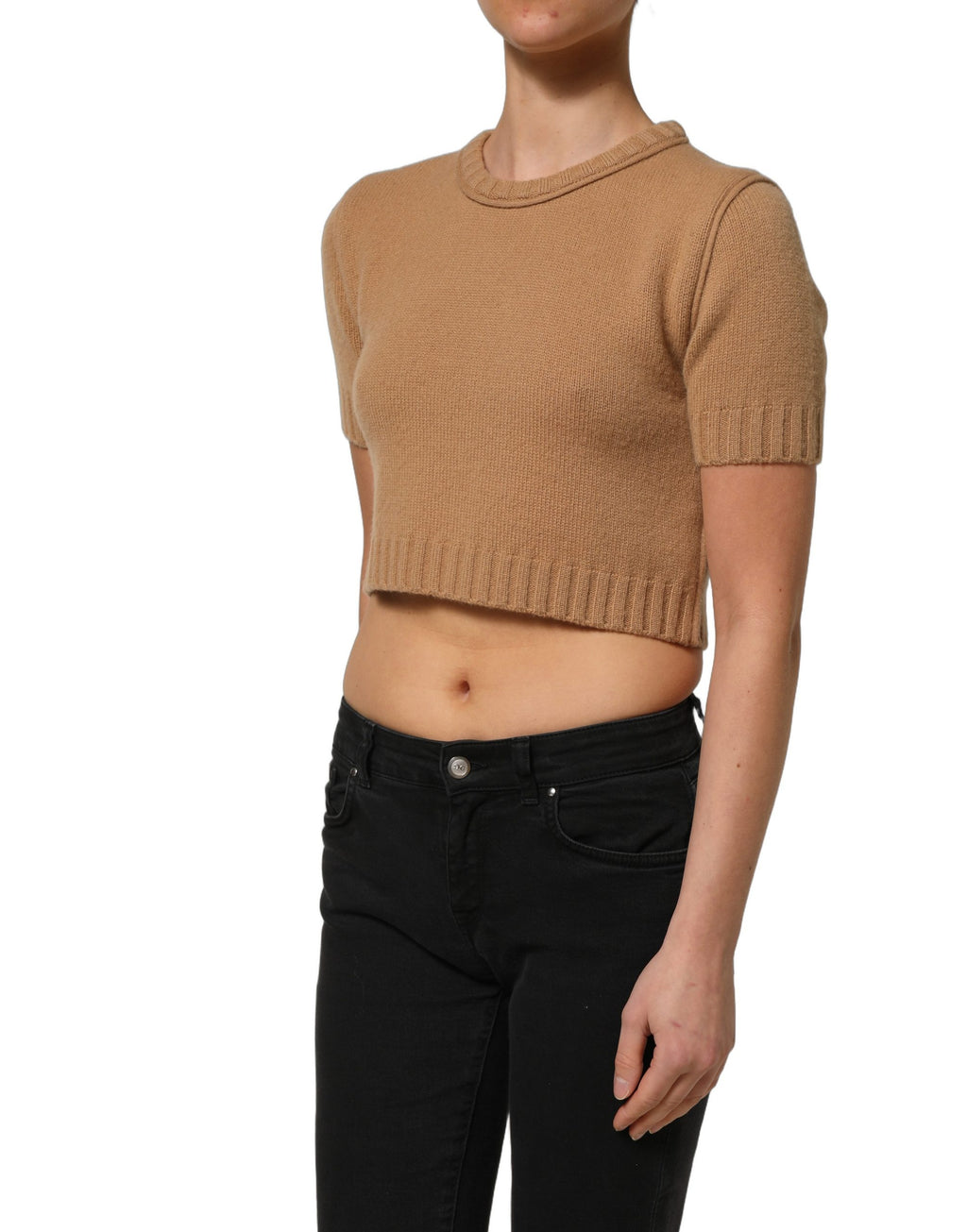 Brown Wool Short Sleeves Cropped Blouse Top