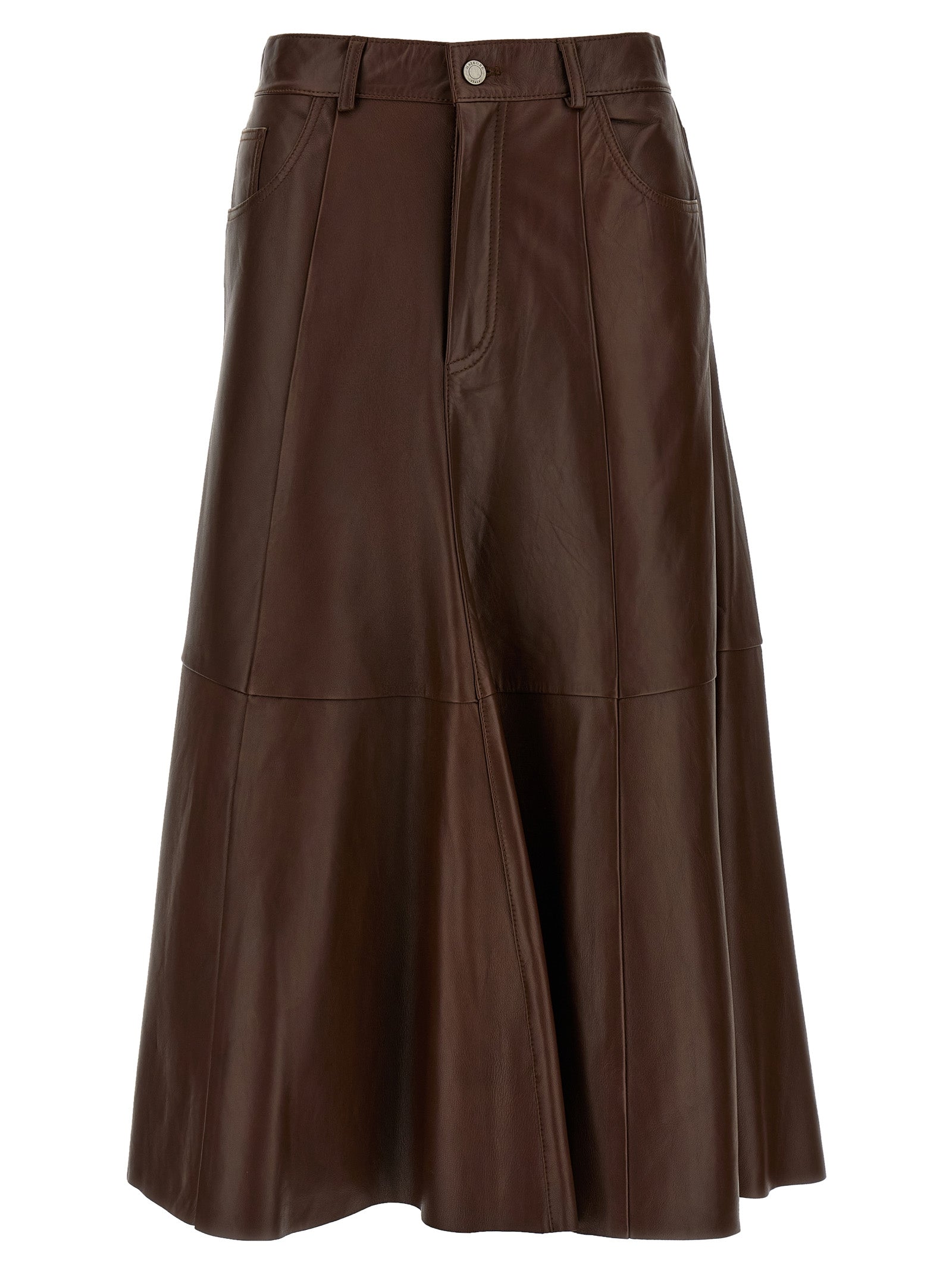 Brown Lamb Leather Midi Skirt