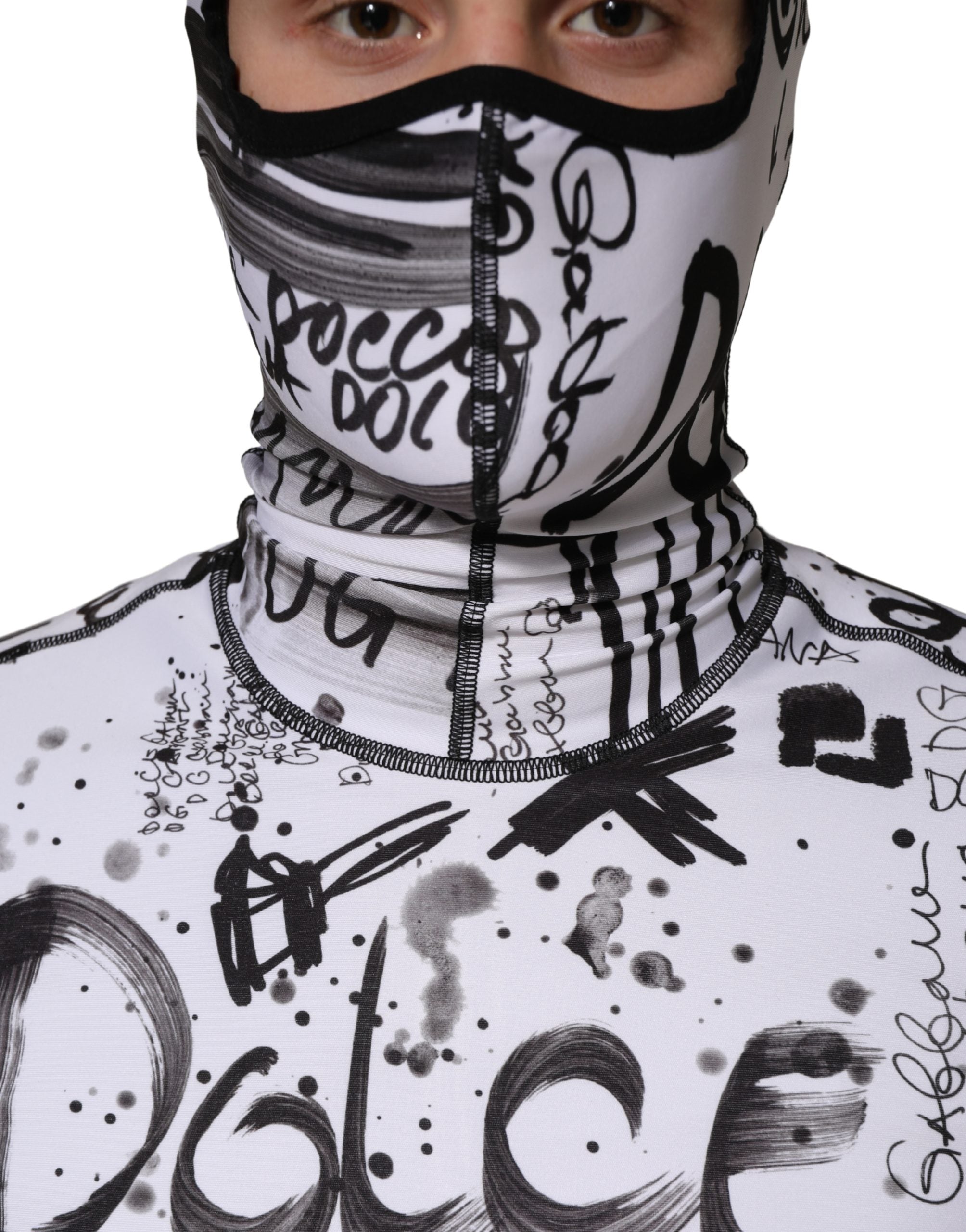 White Jersey Graffiti Print Balaclava Hood Sweater