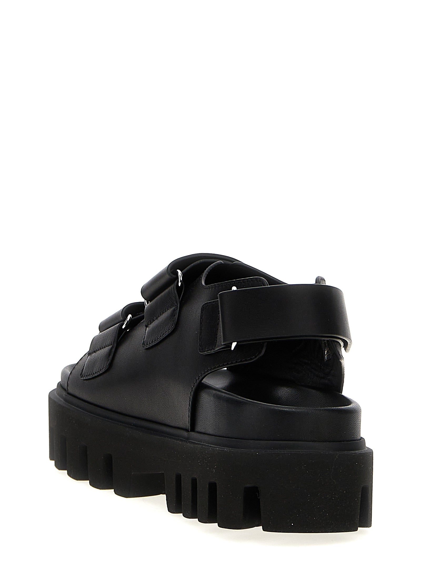 Black Calf Leather Bos Taurus Flat Sandals