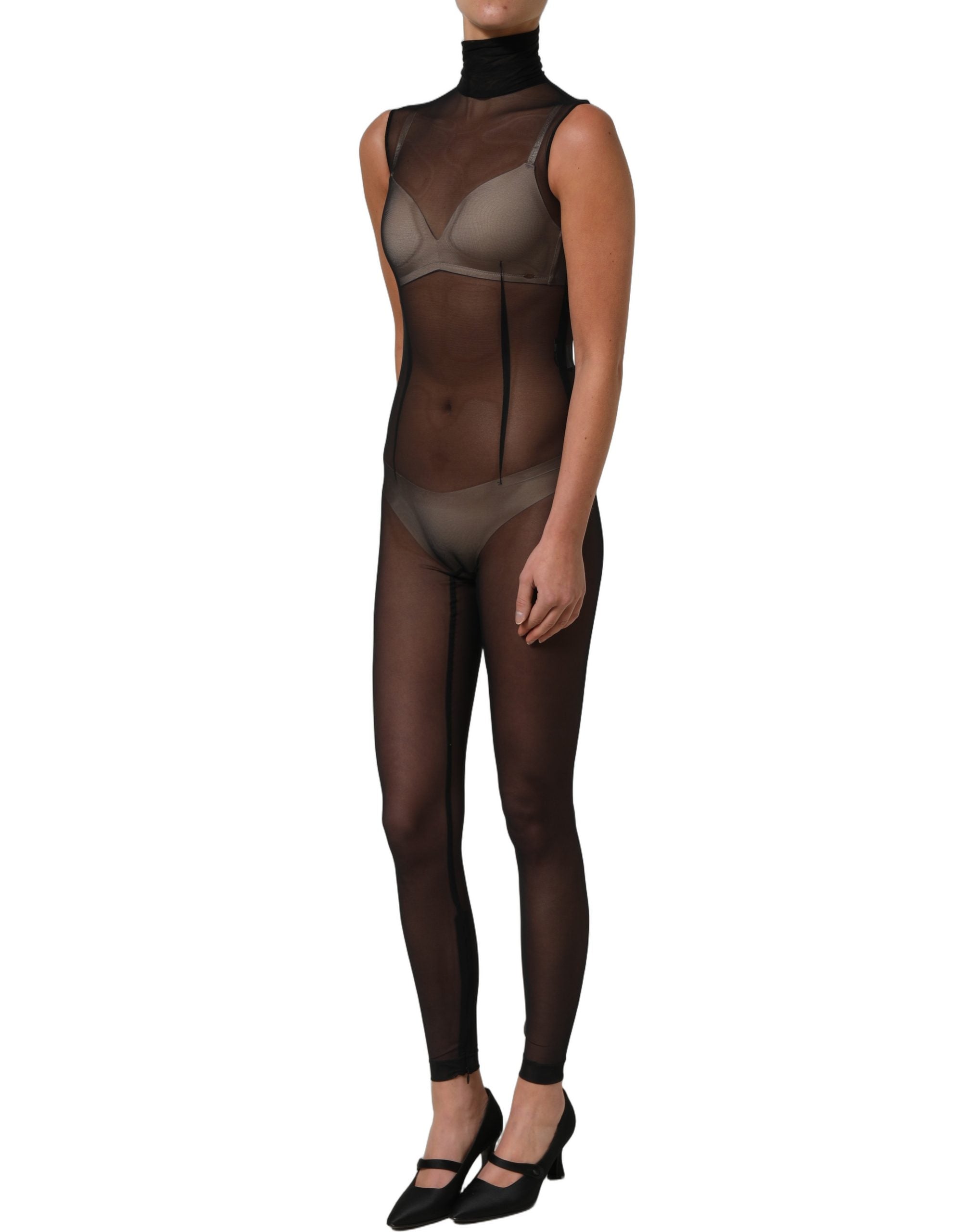 Black Sheer Mesh Jumpsuit Turtleneck Dress