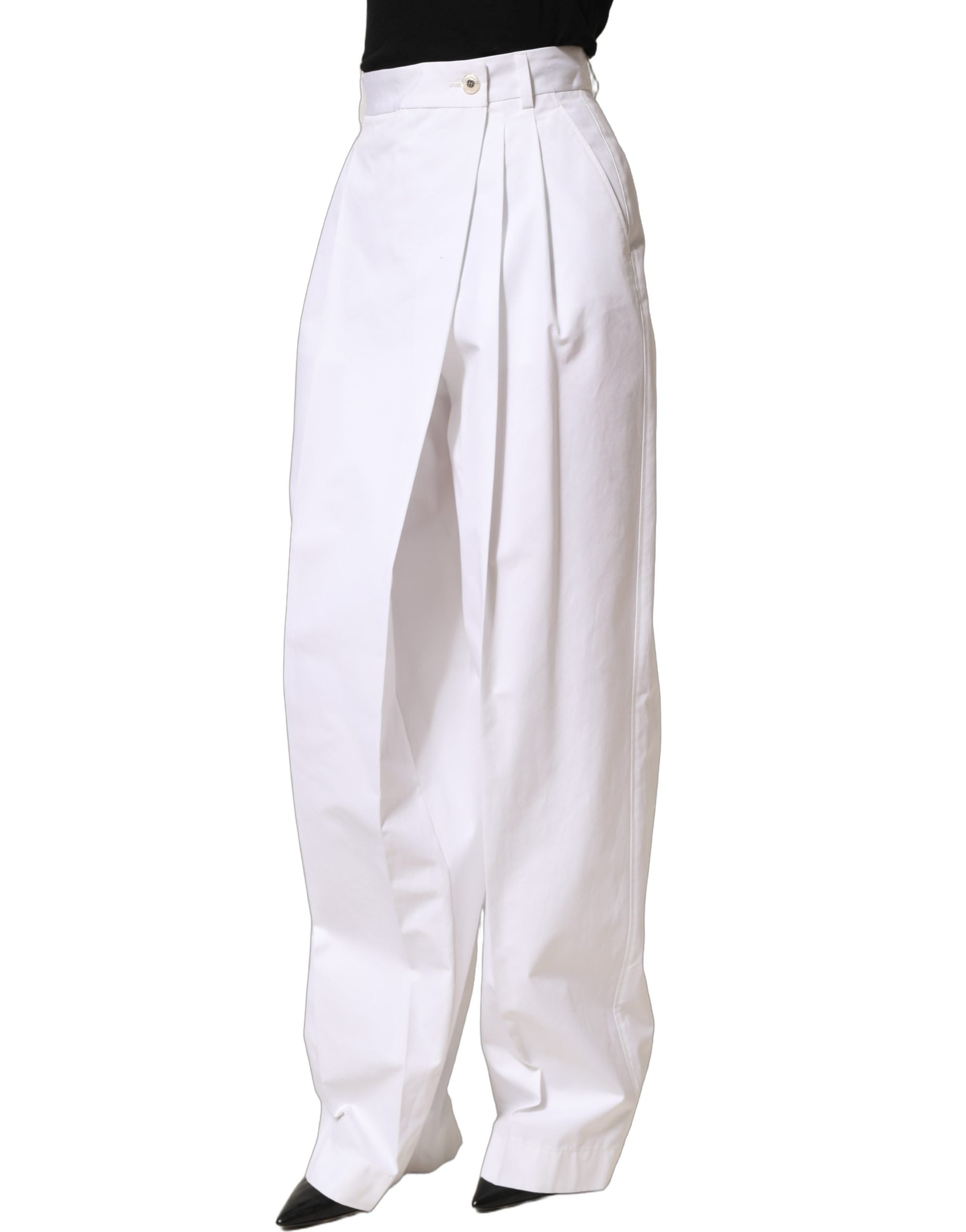 White Cotton High Waist Pleated Wide Leg Pants