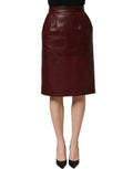 Burgundy Leather High Waist Pencil Midi Skirt