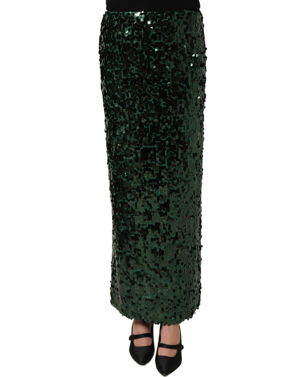 Green Sequin High Waist Pencil Cut Midi Skirt
