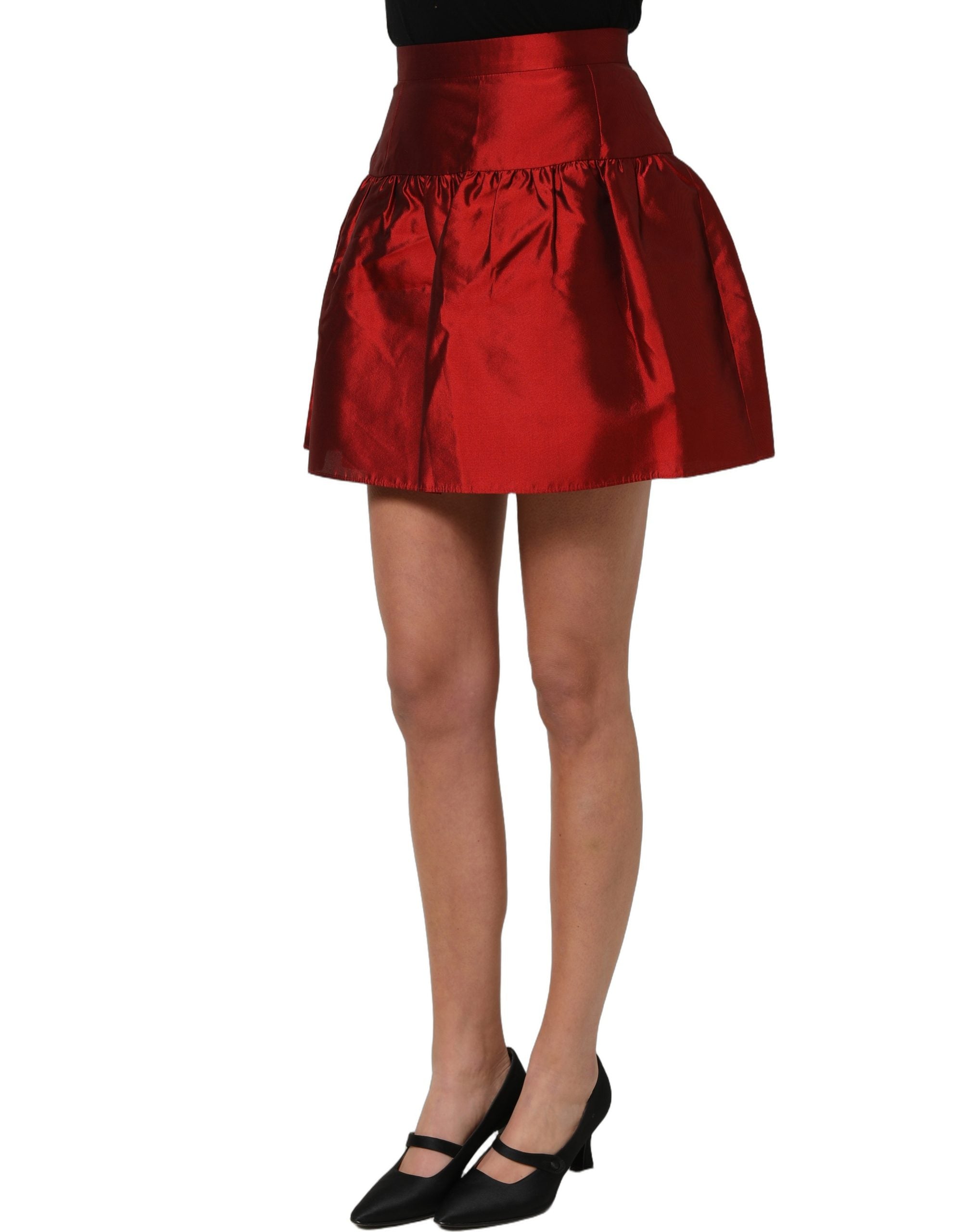 Red Silk Satin Bubble High Waist Mini Skirt