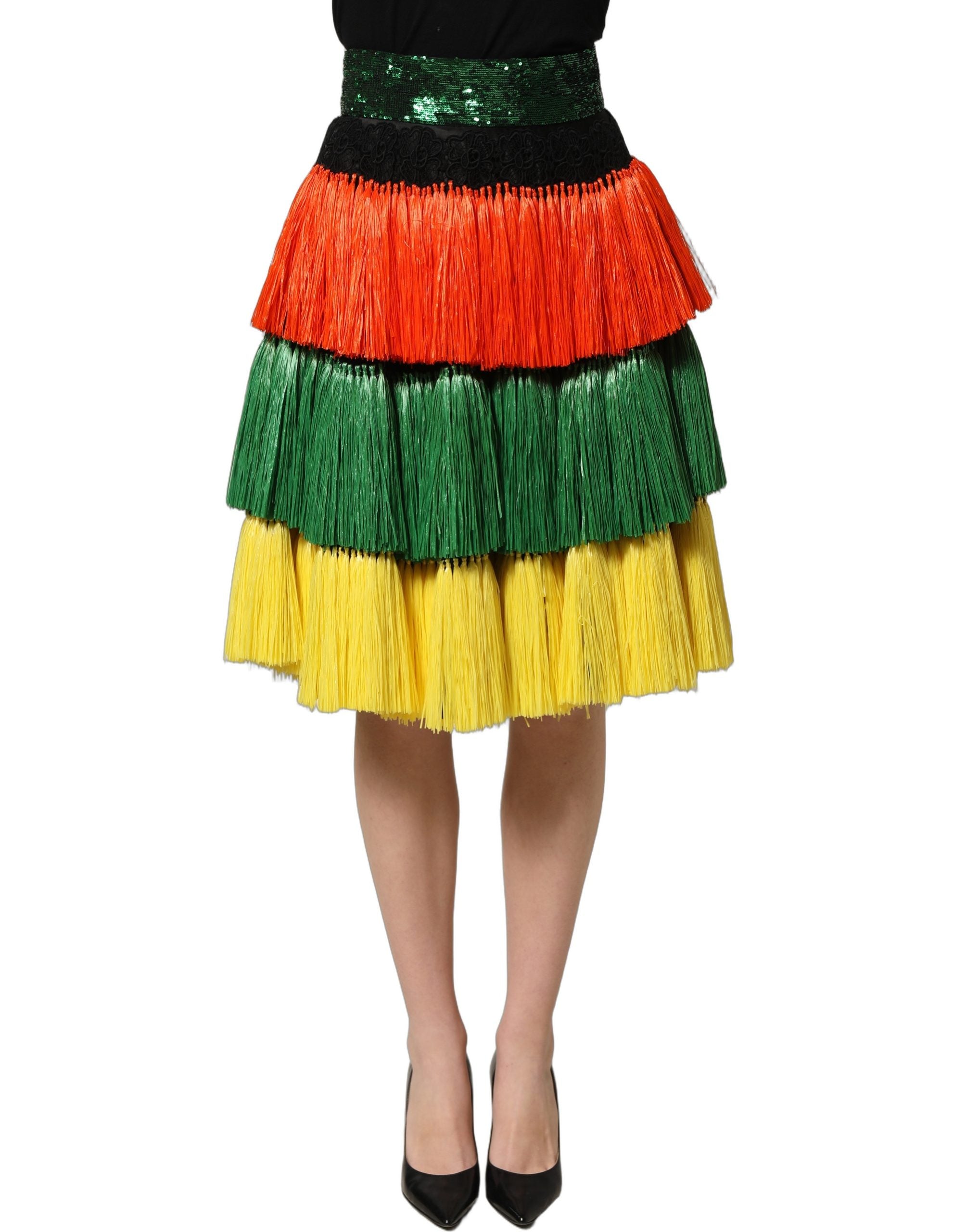 Multicolor Fringe Sequin High Waist Knee Length Skirt