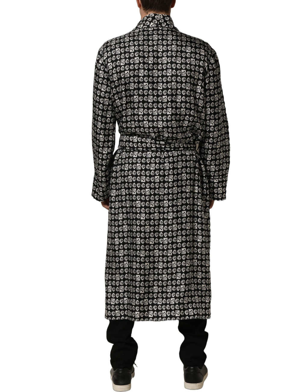 Black White Silk Men Wrap Robe Coat Jacket
