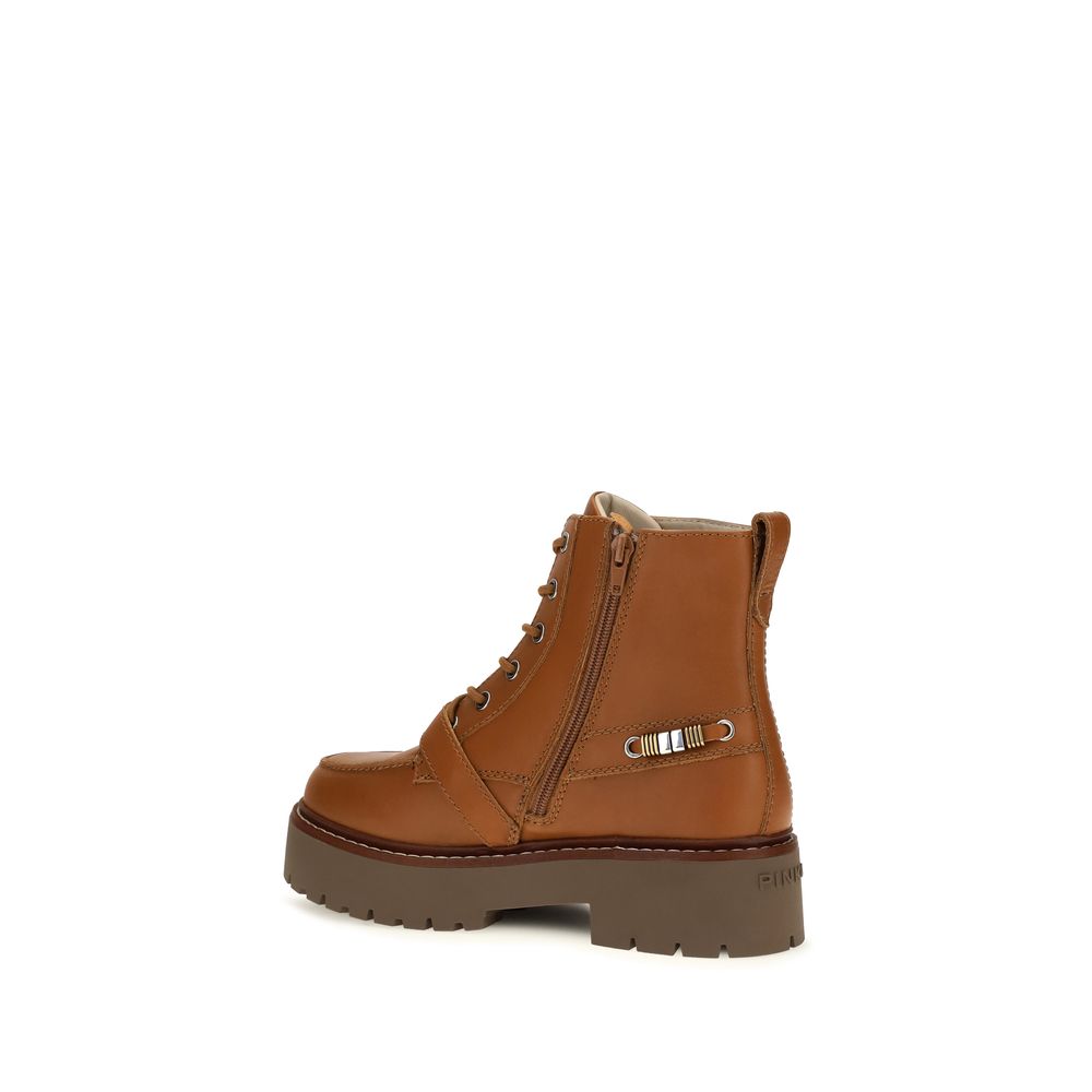 PINKO Brown Calf Leather Bos Taurus Lace-Up Boots