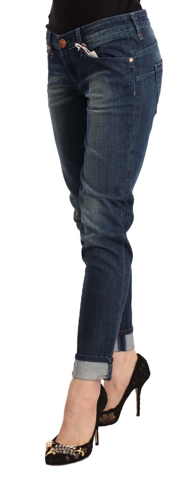 Blue Washed Low Waist Skinny Denim Folded Hem Jeans