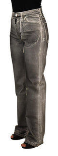 Grey Washed High Waist Denim Pants Cotton Jeans