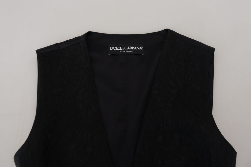 Black Brocade Button Down Sleeveless Vest Top