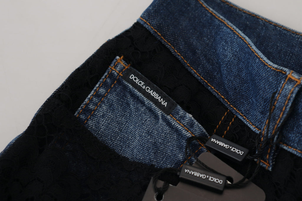 Black Floral Lace Front Skinny Denim Jeans