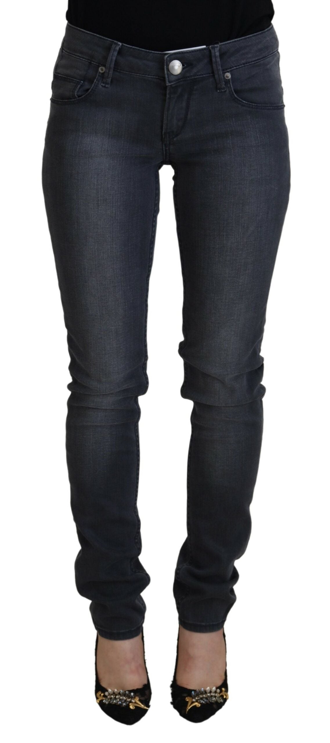 Gray Cotton Skinny Low Waist Women Casual Denim Jeans