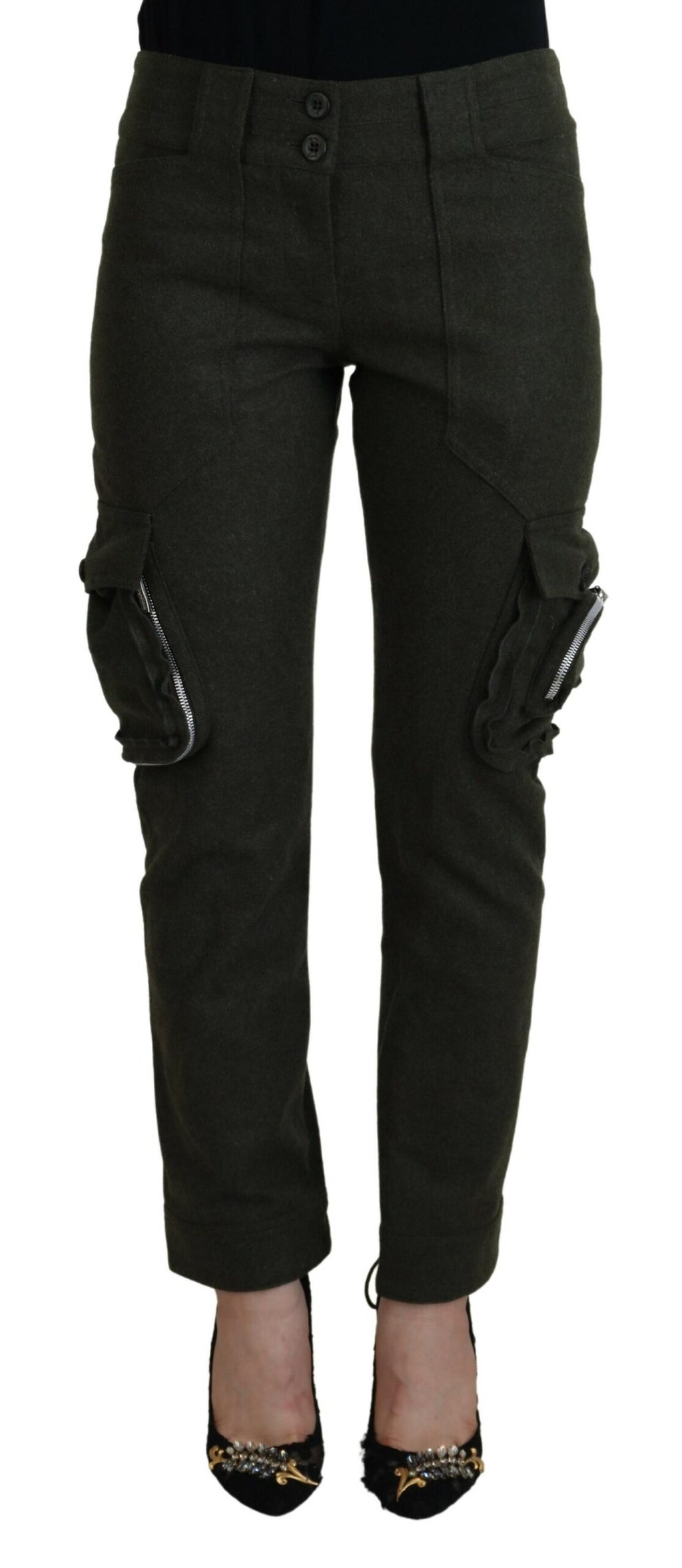 Green Lace Up Leg Women Tapered Pants