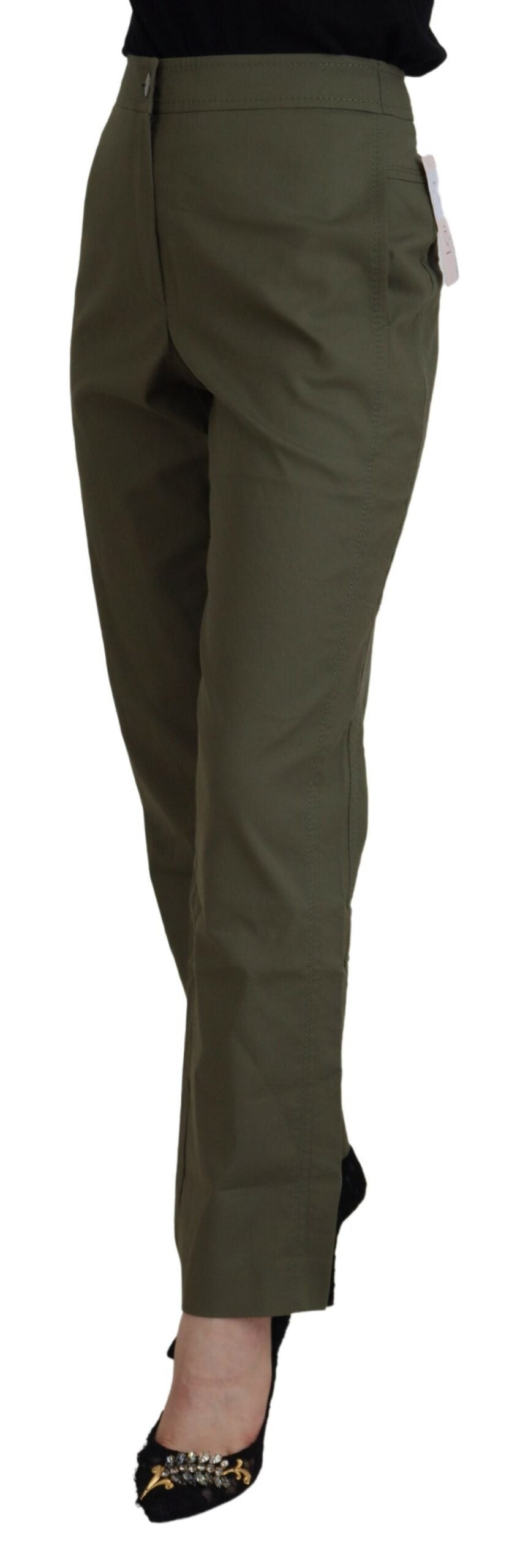 Green Cotton High Waist Women Tapered Pants