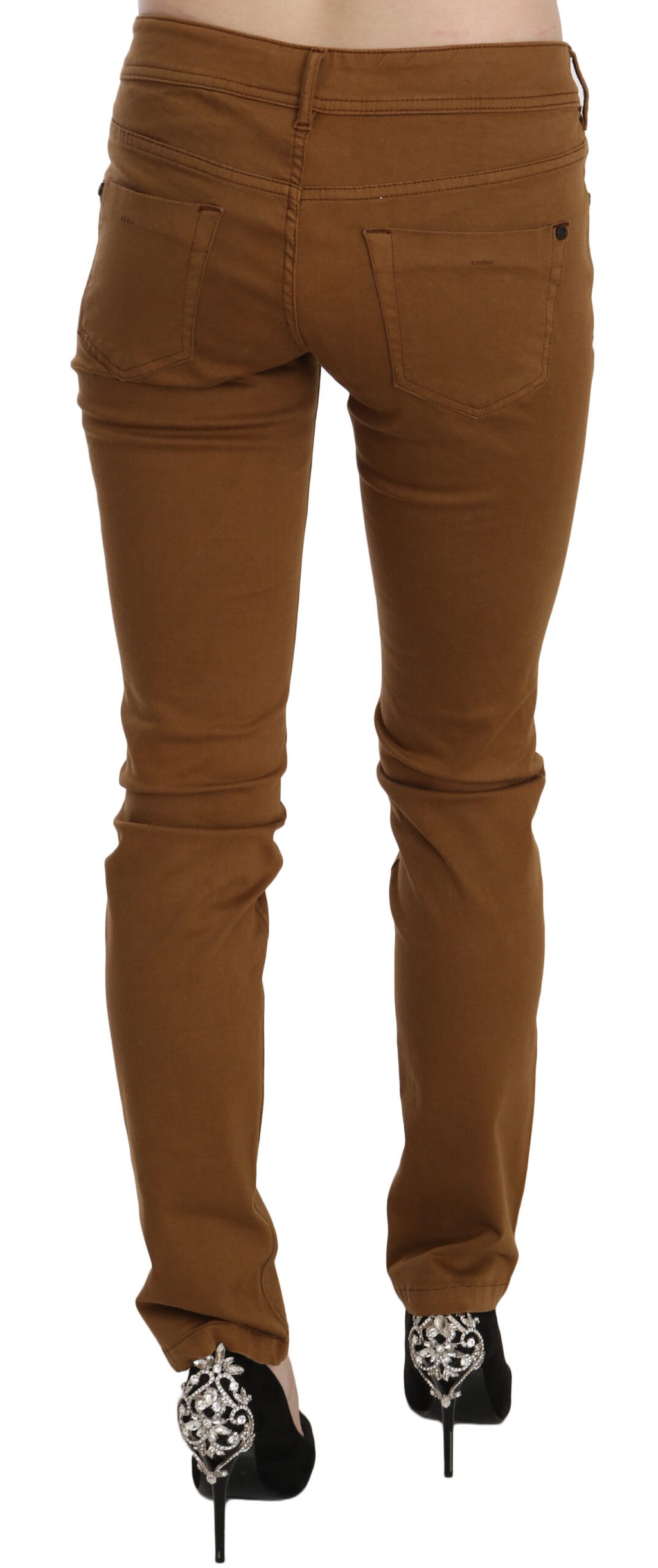 Brown Cotton Mid Waist Skinny Slim Fit Denim Jeans