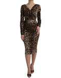 Brown Leopard Print Bodycon V-neck Midi Dress
