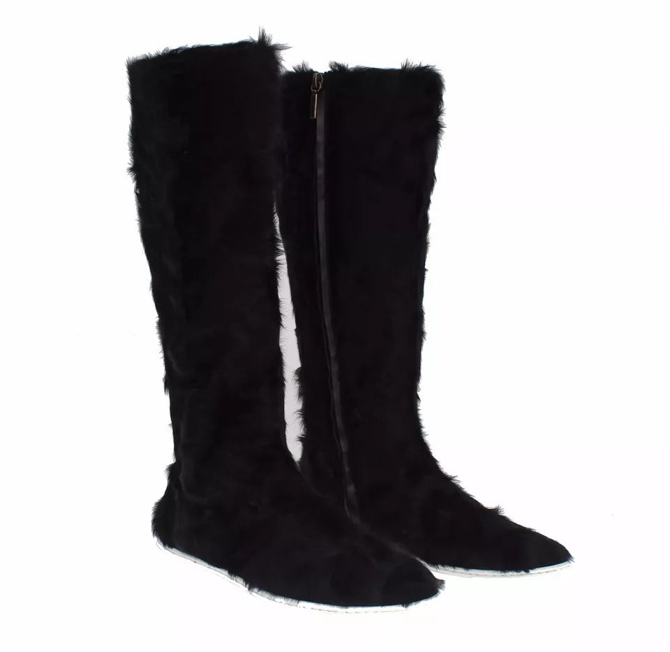 Dolce & Gabbana Black Xiangao Lamb Fur Leather Boots Shoes