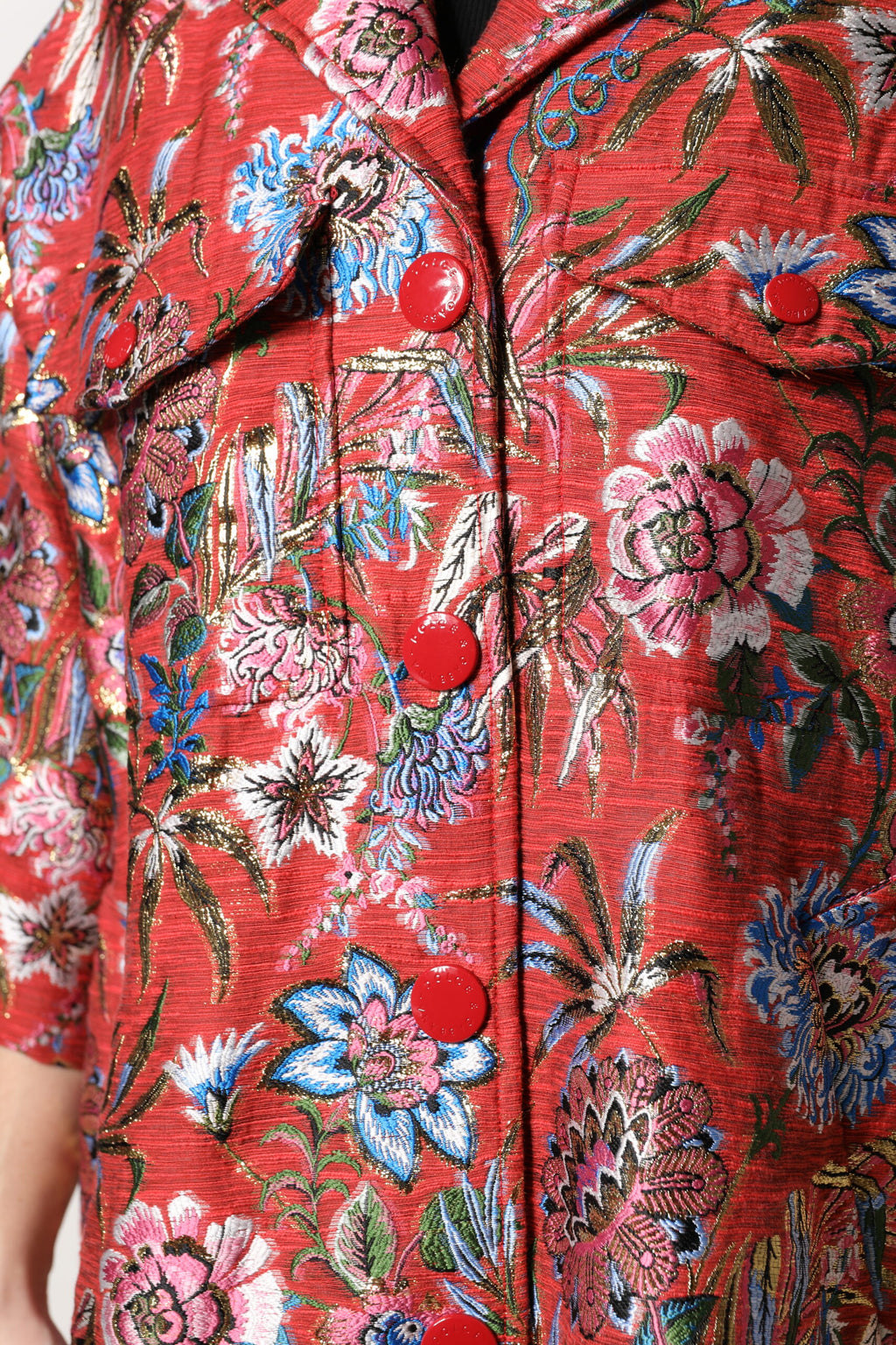 Red Floral Jacquard Button Down Coat Jacket