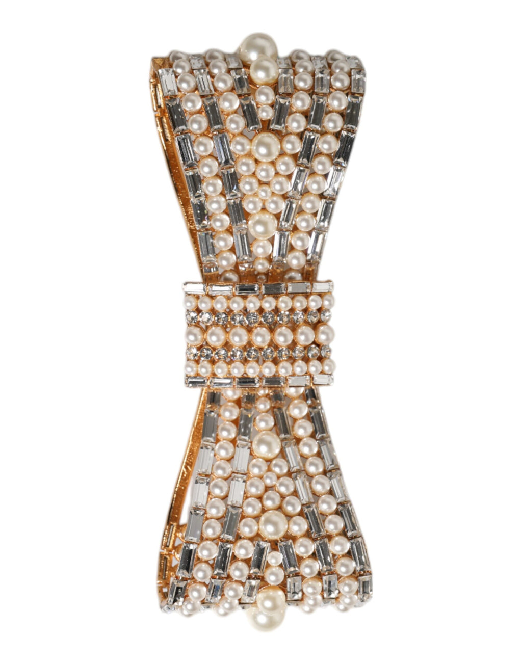 Gold Tone Brass Bow Crystal FauxPearl Embellished Brooch