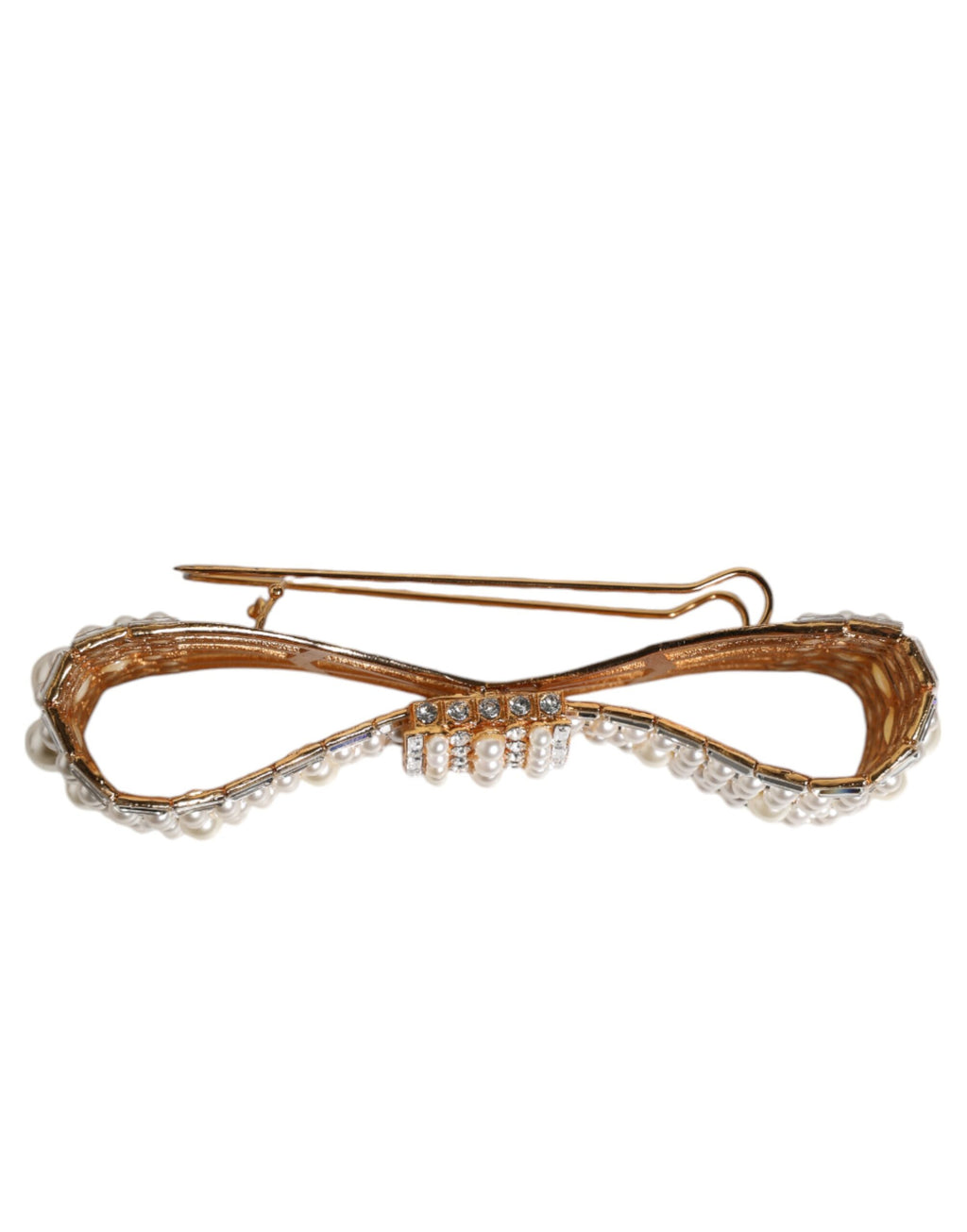 Gold Tone Brass Bow Crystal FauxPearl Embellished Brooch