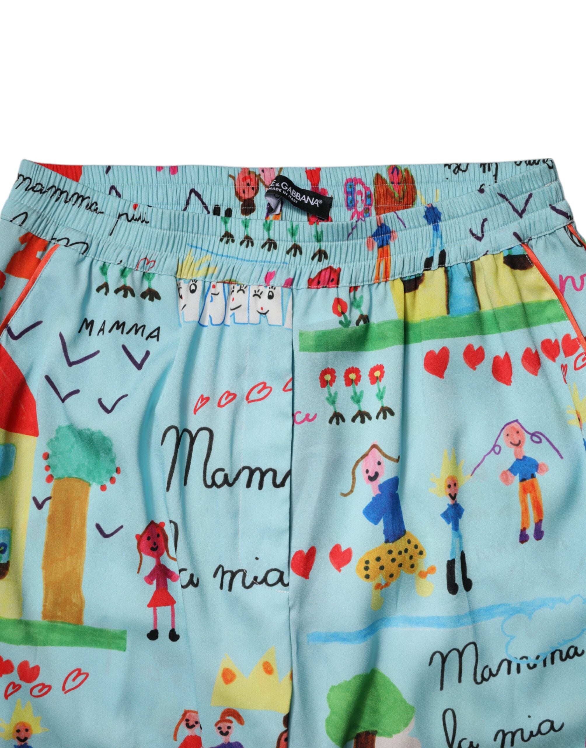 Light Blue Drawing Mid Waist Wide Leg Pants