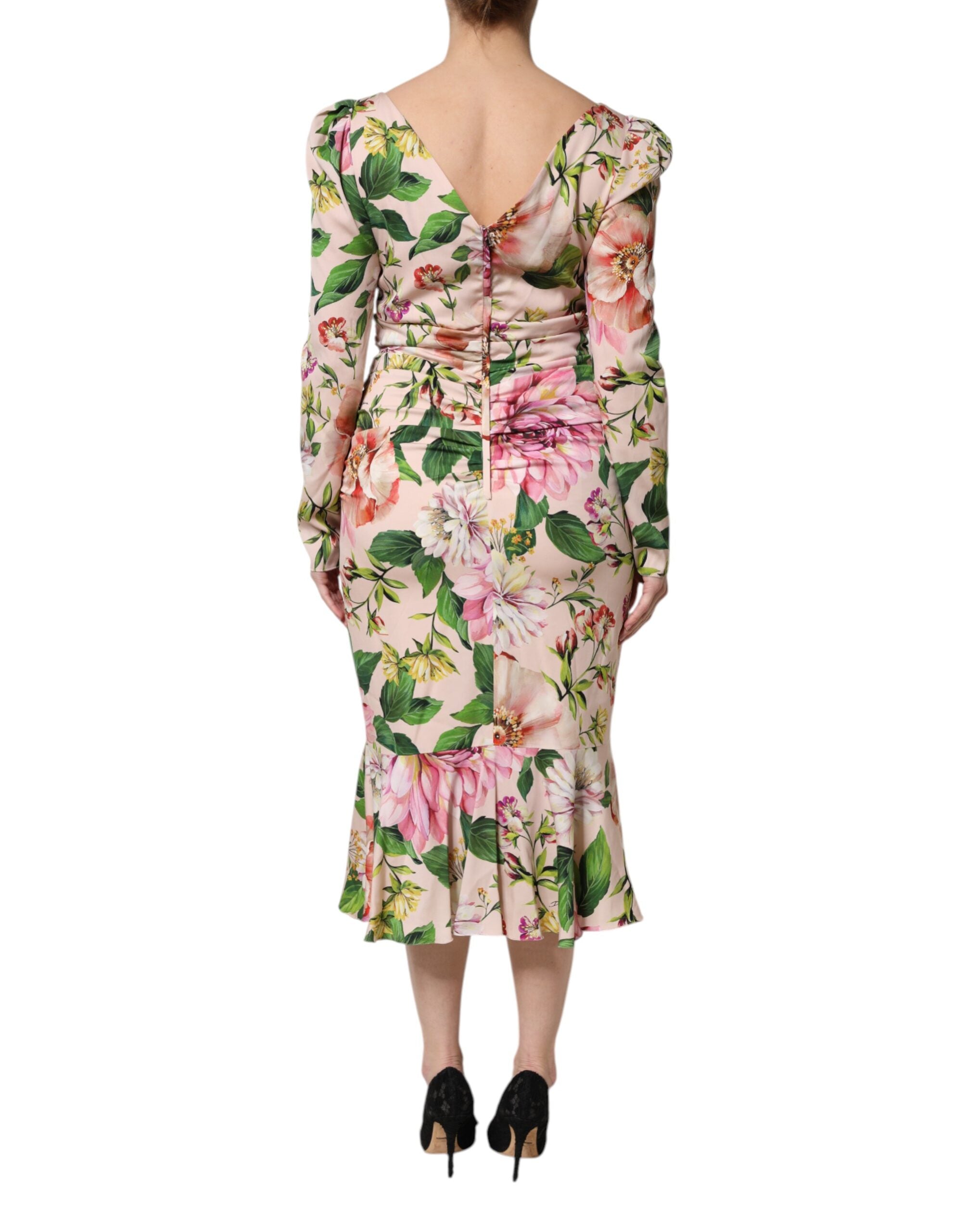 Pink Floral Silk Fit And Flared Midi Dress