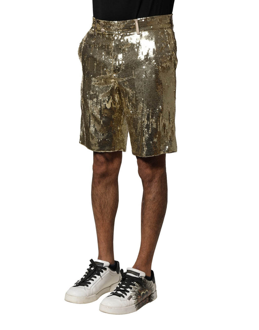 Gold Sequin Polyester Embellished Bermuda Shorts