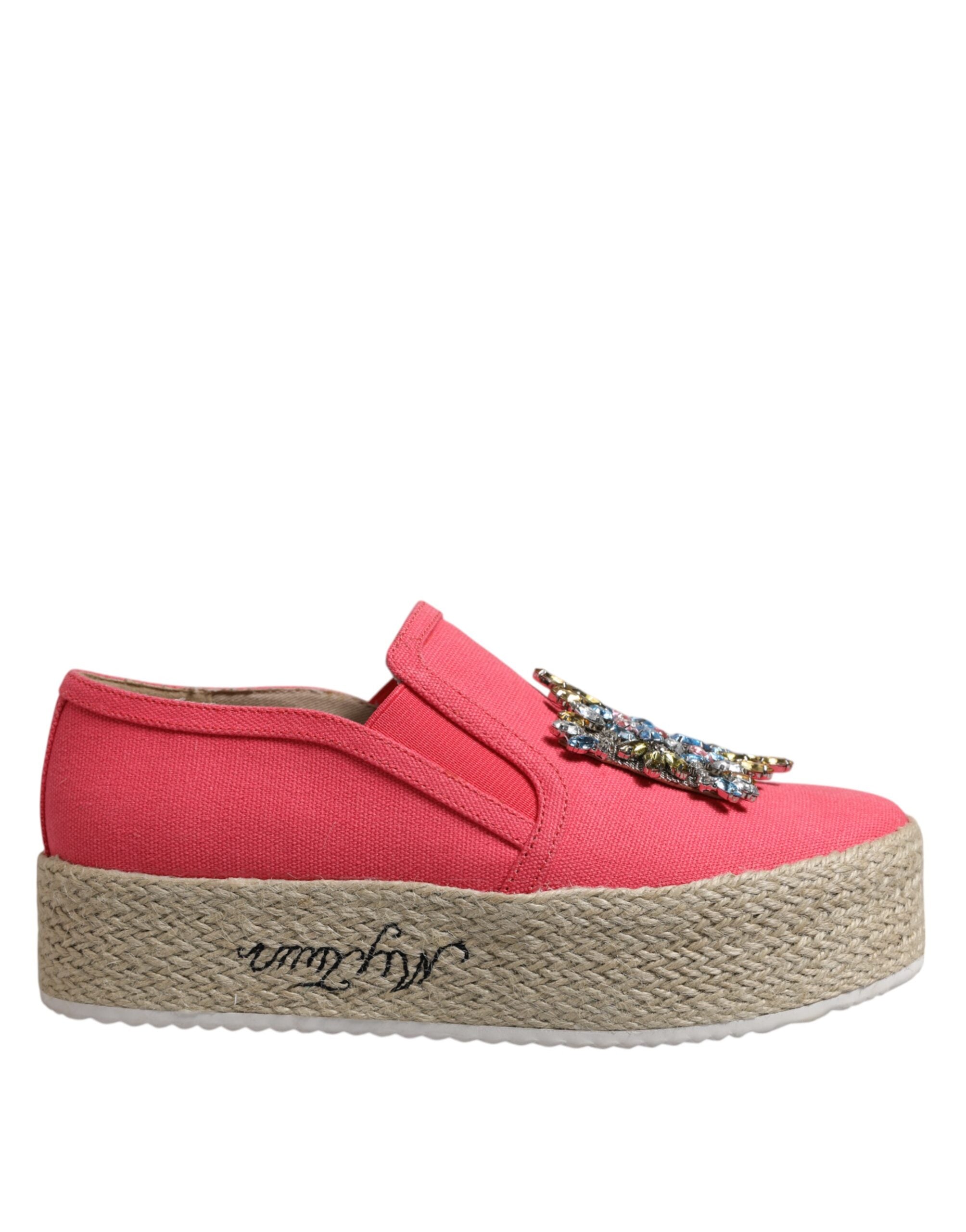 Pink Canvas Crystal Embellished Slip On Shoes
