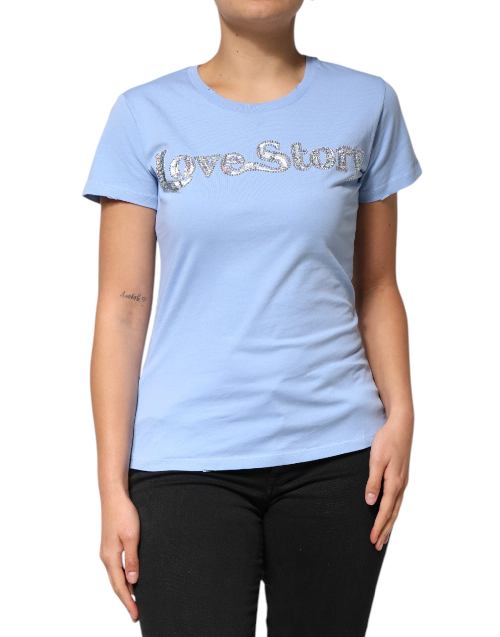 Blue Love Story Sequined Embellished Short Sleeves T-shirt