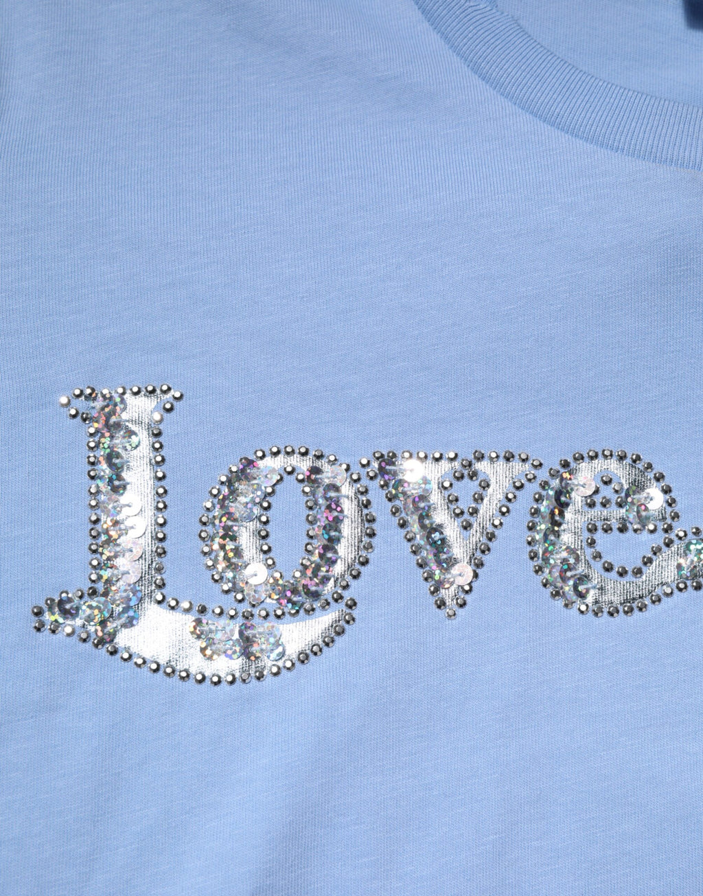 Blue Love Story Sequined Embellished Short Sleeves T-shirt