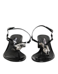 Black Leather Crystal Ankle Strap Sandals Shoes