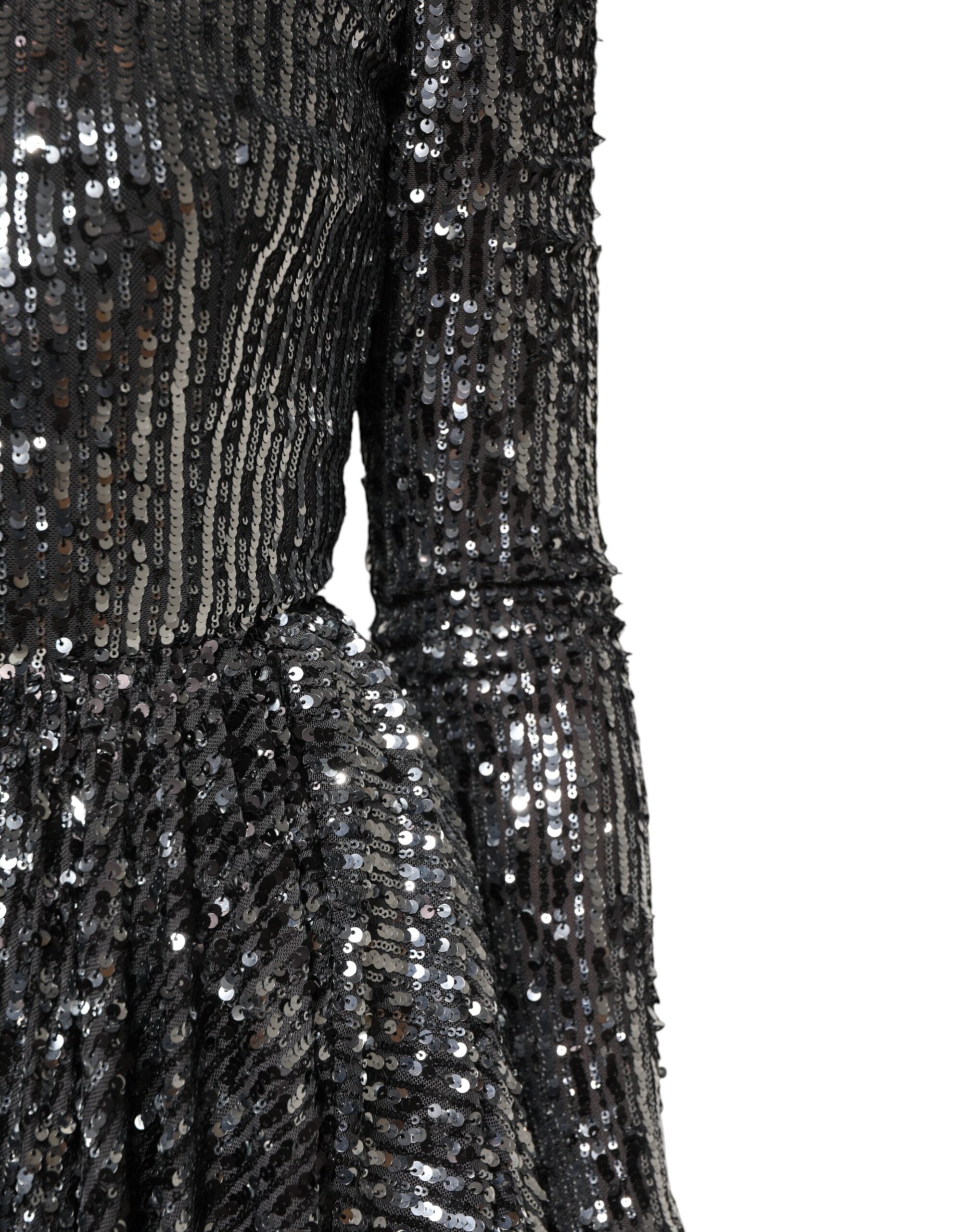 Black Sequined Long Sleeves Midi A-line  Dress
