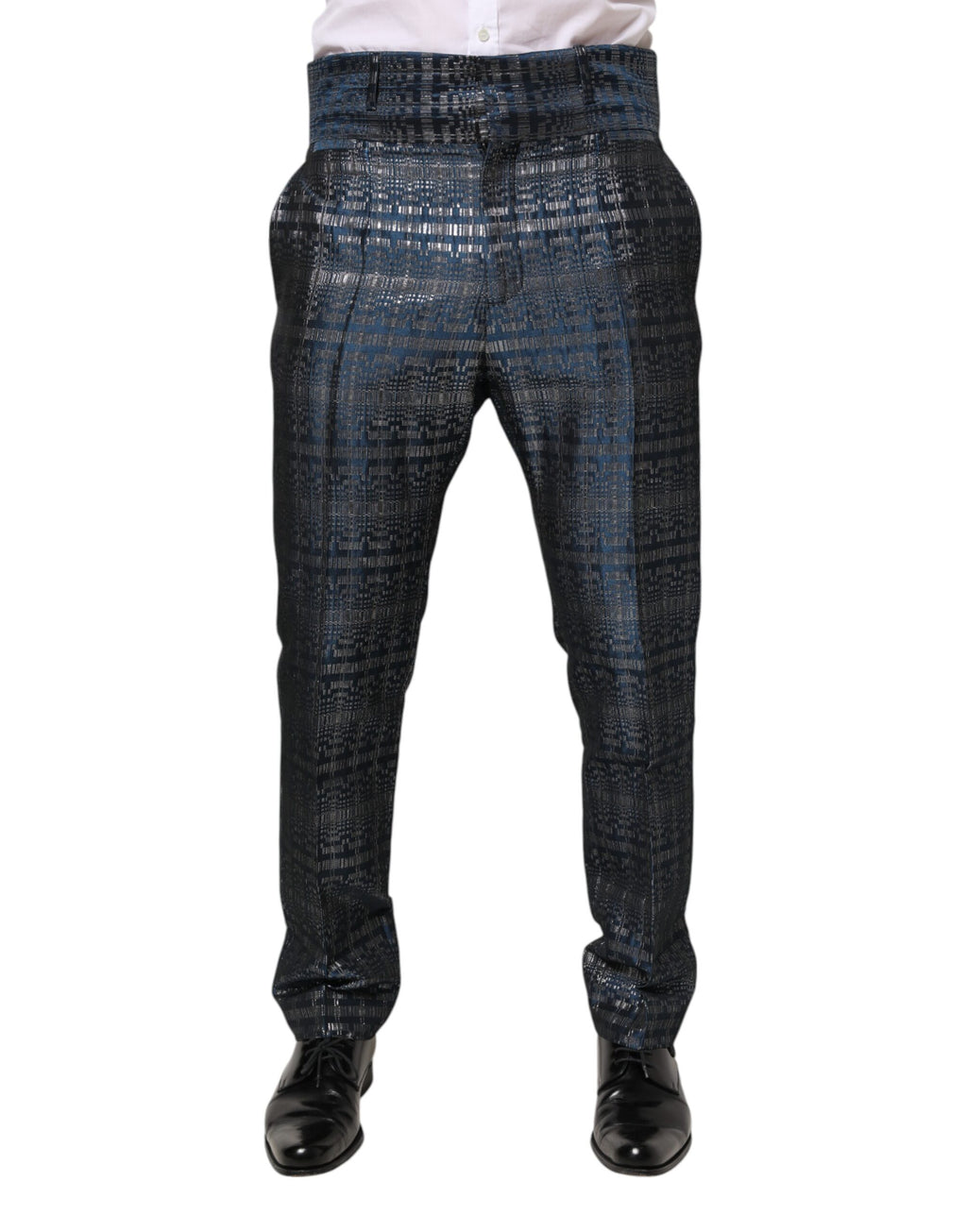 Blue Silver Shiny Silk Skinny Men Trouser Pants