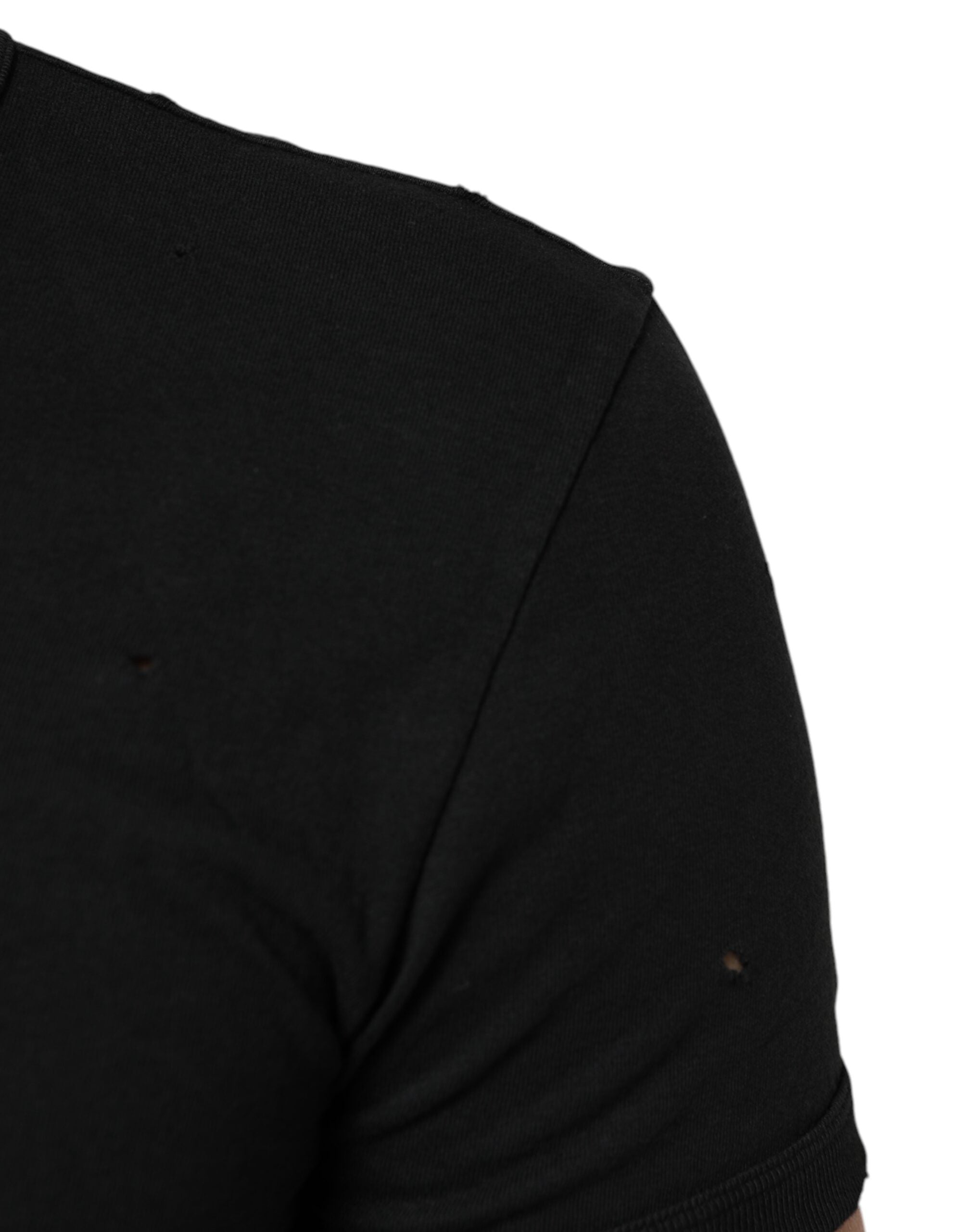Black Cotton Tattered Logo V-Neck Men T-shirt