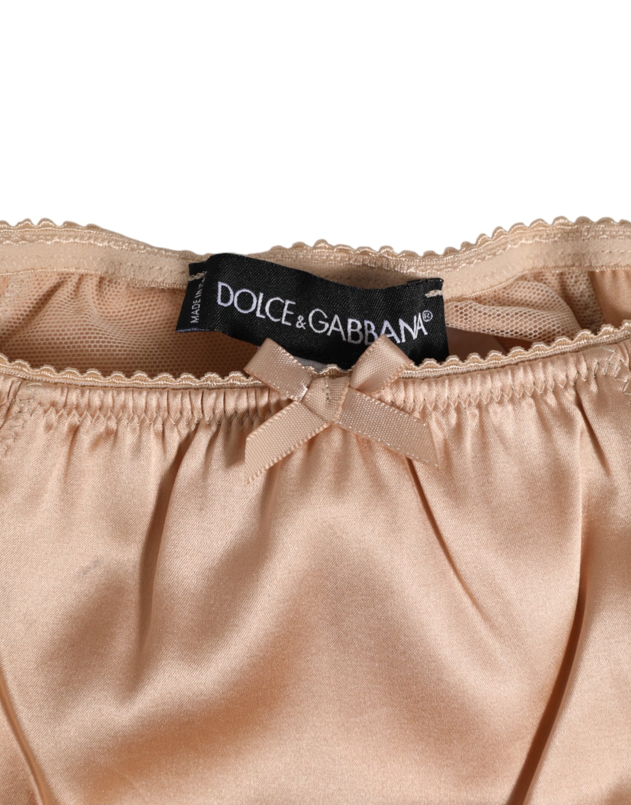 Nude Beige Silk Satin Bow Lace Trim Underwear