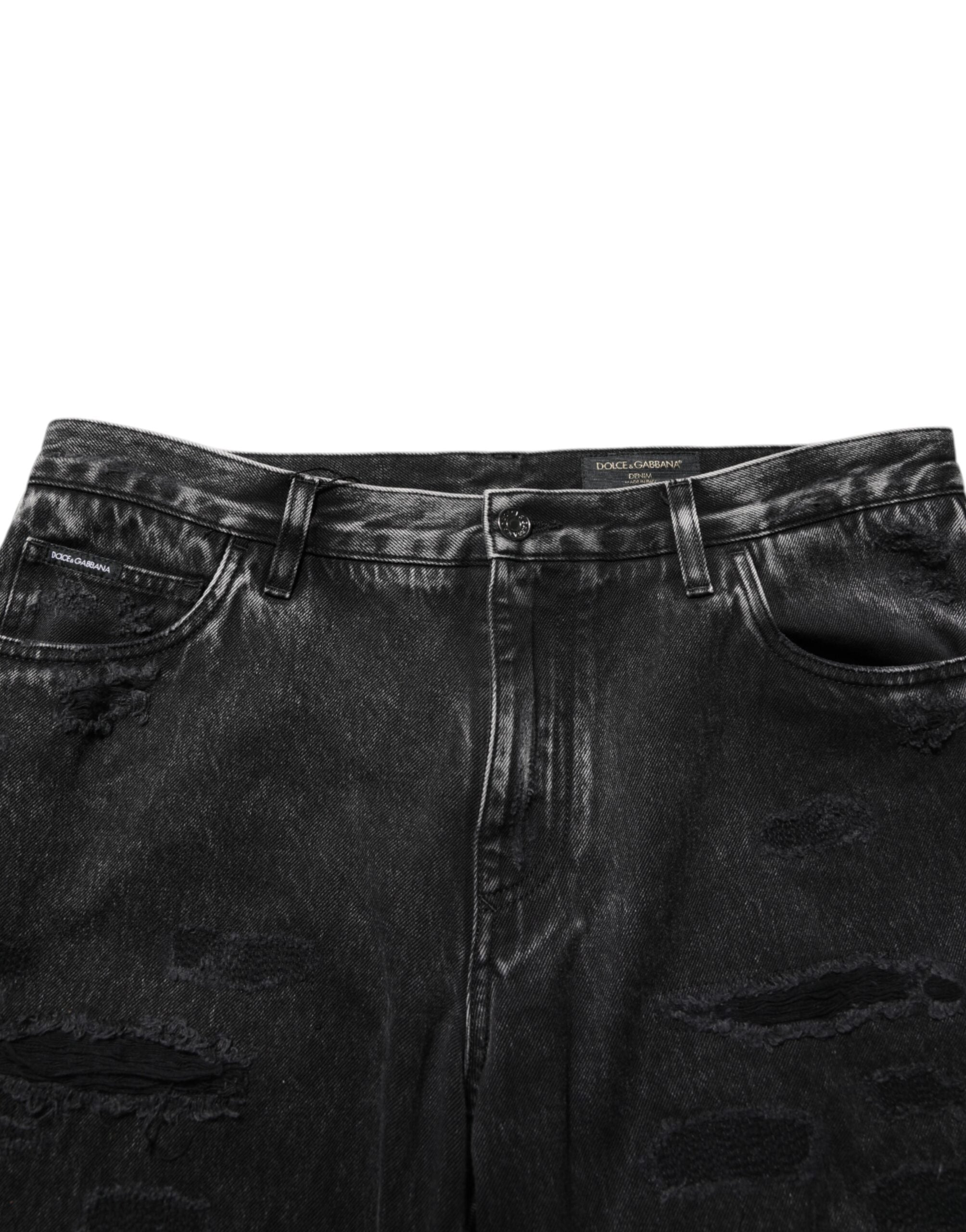 Black Washed Ripped Loose Cotton Denim Jeans